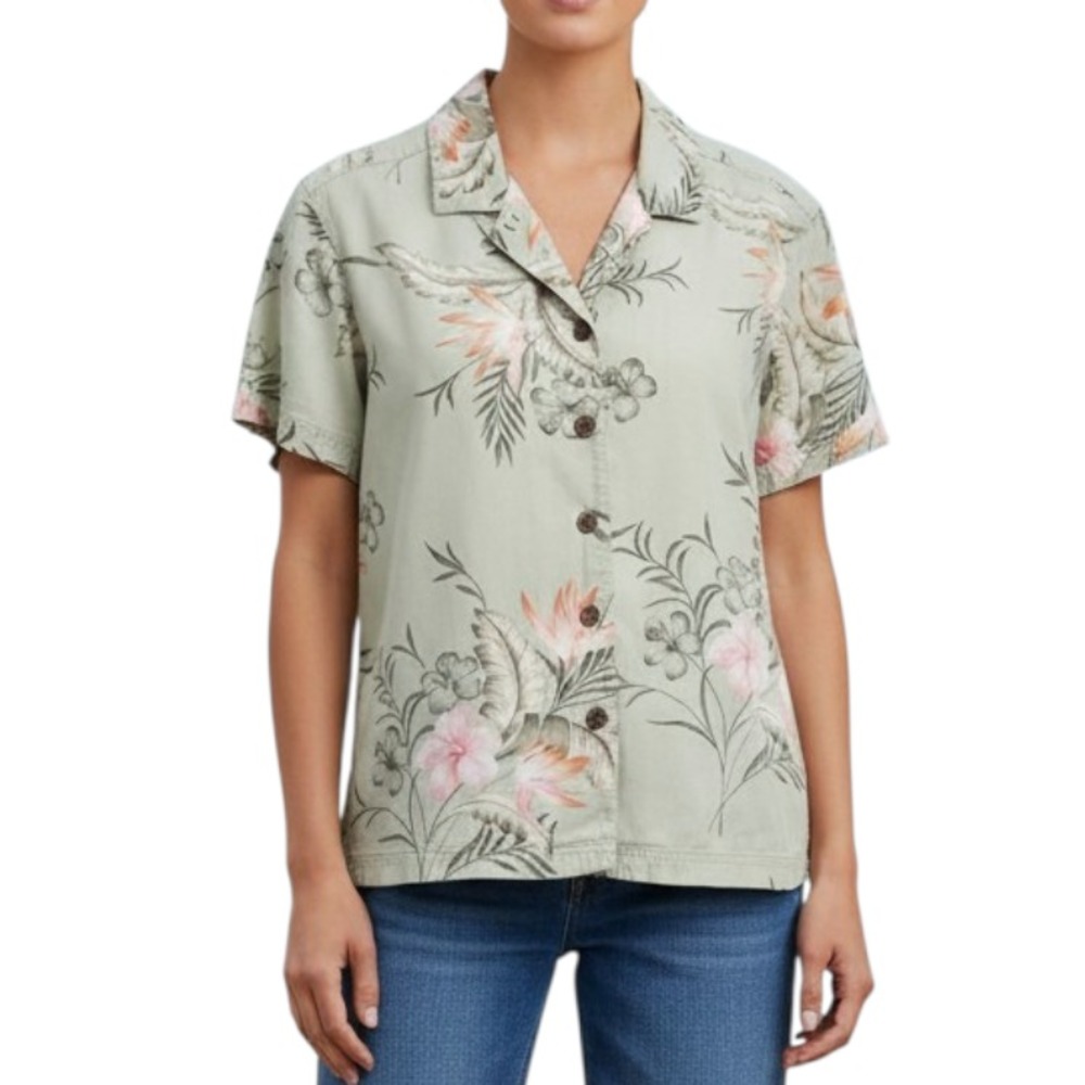 Y2K Island Traders LIGHT GREEN FLORAL Hawaiian Shirt Top Button-Up Pink Orange M